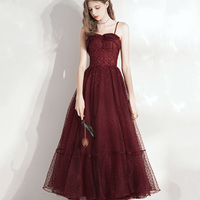 Burgundy tulle beads short prom dress homecoming dress - Thumbnail 5