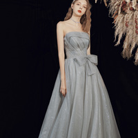 Gray tulle long A line prom dress gray evening dress - Thumbnail 1