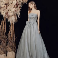 Gray tulle long A line prom dress gray evening dress - Thumbnail 2