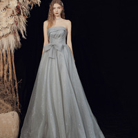 Gray tulle long A line prom dress gray evening dress - Thumbnail 3