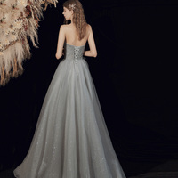 Gray tulle long A line prom dress gray evening dress - Thumbnail 4