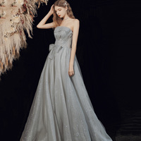 Gray tulle long A line prom dress gray evening dress - Thumbnail 6