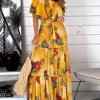 Ruffled Off-The-Shoulder Lace-Up Print Dress - Thumbnail 1