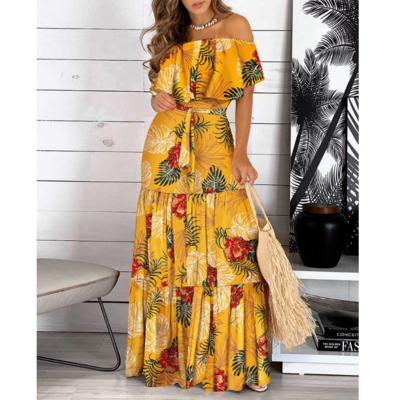 Ruffled off-the-shoulder lace-up print dress