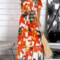 Ruffled Off-The-Shoulder Lace-Up Print Dress - Thumbnail 3