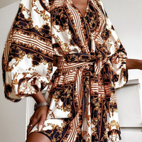 Design V-Neck Printed Long Sleeve Dress - Thumbnail 1