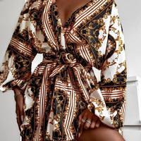 Design V-Neck Printed Long Sleeve Dress - Thumbnail 2