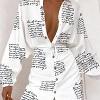 Casual High Waist Button Long Sleeve Dress - Thumbnail 1