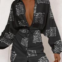 Casual High Waist Button Long Sleeve Dress - Thumbnail 2