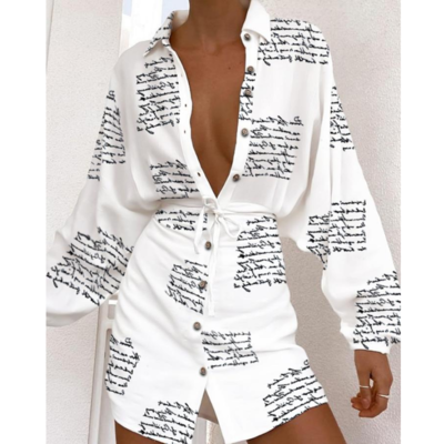 Casual high waist button long sleeve dress