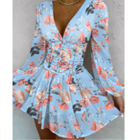 Casual Printed V-Neck Long Sleeve Dress - Thumbnail 2