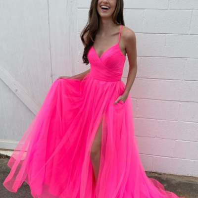 V neck backless hot pink prom dresses - Thumbnail 5
