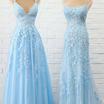 A line light blue prom dress with lace - Thumbnail 3