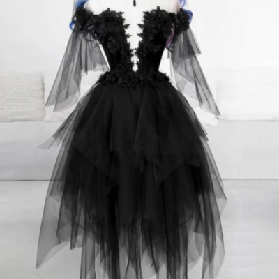 Off shoulder short black lace prom dress graduation dresses - Thumbnail 4