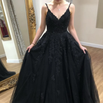 Elegent a line v neck black lace prom dresses - Thumbnail 4