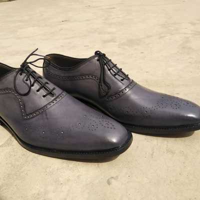 Luxury grey oxfords brogue leather lace up shoes - Thumbnail 2