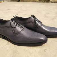 Luxury Grey Oxfords Brogue Leather Lace Up Shoes - Thumbnail 1