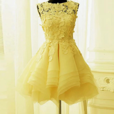 Beauty a-line yellow homecoming dresses with lace appliques - Thumbnail 2