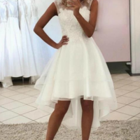 Scoop Sleeveless High Low Wedding Dress with Lace Appliques  - Thumbnail 1