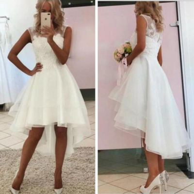 Scoop sleeveless high low wedding dress with lace appliques  - Thumbnail 5