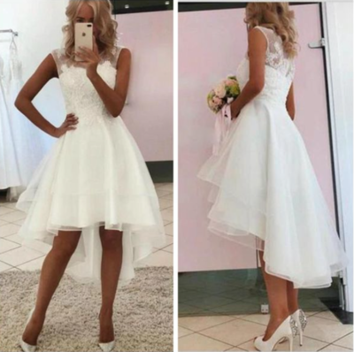 Scoop Sleeveless High Low Wedding Dress with Lace Appliques 