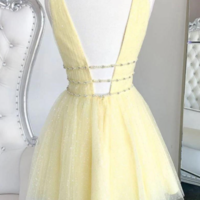 V Neck Yellow Prom Dresses , Short Homecoming Dresses - Thumbnail 1