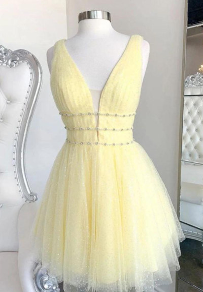 V Neck Yellow Prom Dresses , Short Homecoming Dresses
