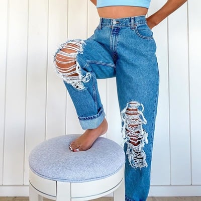 Casual high waist hole denim pants