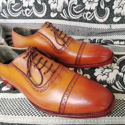 Handmade brown cap toe leather lace up office shoes