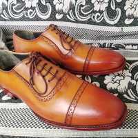 Handmade Brown Cap Toe Leather Lace Up Office Shoes - Thumbnail 1