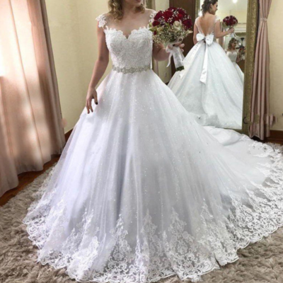 Scoop cap sleeve mermaid wedding dresses bridal gowns lace appliques  - Thumbnail 3