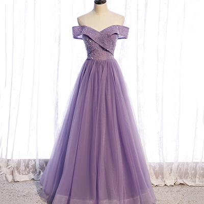 Purple tulle beads long a line prom dress evening dress - Thumbnail 3