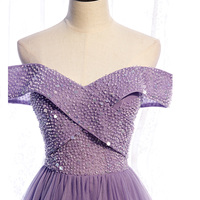 Purple tulle beads long A line prom dress evening dress - Thumbnail 1