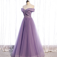 Purple tulle beads long A line prom dress evening dress - Thumbnail 2