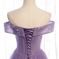 Purple tulle beads long A line prom dress evening dress - Thumbnail 3