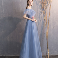 Blue tulle long A line prom dress bridesmaid dress - Thumbnail 2