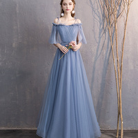 Blue tulle long A line prom dress bridesmaid dress - Thumbnail 4