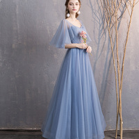 Blue tulle long A line prom dress bridesmaid dress - Thumbnail 7