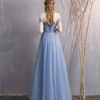 Blue tulle long A line prom dress bridesmaid dress - Thumbnail 8