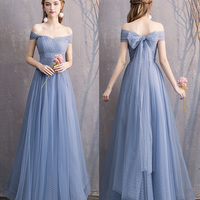 Blue tulle long A line prom dress bridesmaid dress - Thumbnail 6