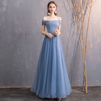 Blue tulle long A line prom dress bridesmaid dress - Thumbnail 3