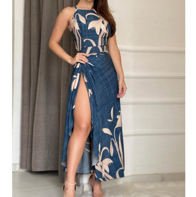 Casual Printed Sleeveless Sling Split Two-Piece Set