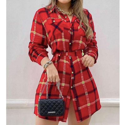 Design Red Plaid Long Sleeve Dress