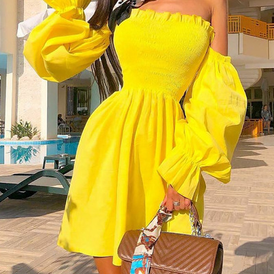 Casual yellow one-shoulder dress - Thumbnail 2