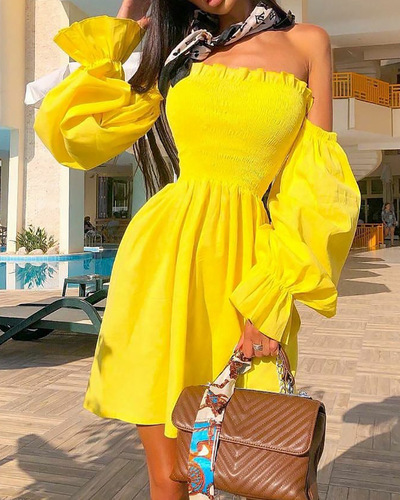 Casual Yellow One-Shoulder Dress
