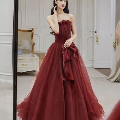 Burgundy tulle long a line ball gown dress formal dress - Thumbnail 1