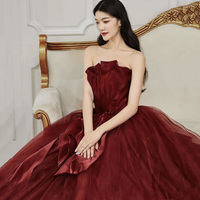 Burgundy tulle long A line ball gown dress formal dress - Thumbnail 3