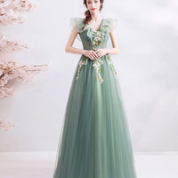 Green tulle long A line prom dress green evening dress - Thumbnail 1