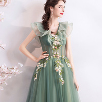 Green tulle long A line prom dress green evening dress - Thumbnail 2