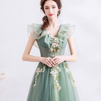 Green tulle long A line prom dress green evening dress - Thumbnail 3
